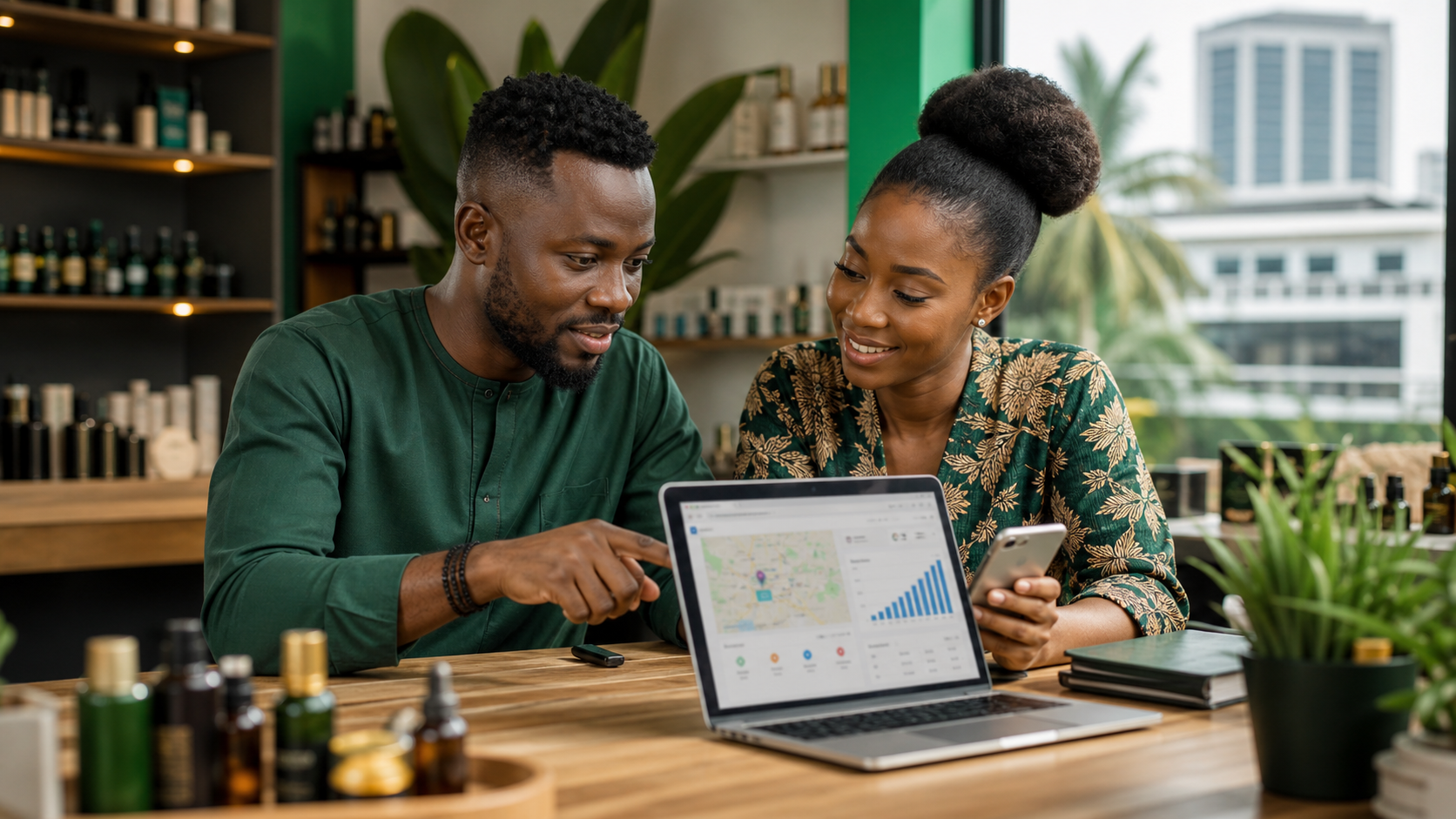 Black Nigerian small business owners checking local SEO visibility on a laptop and phone