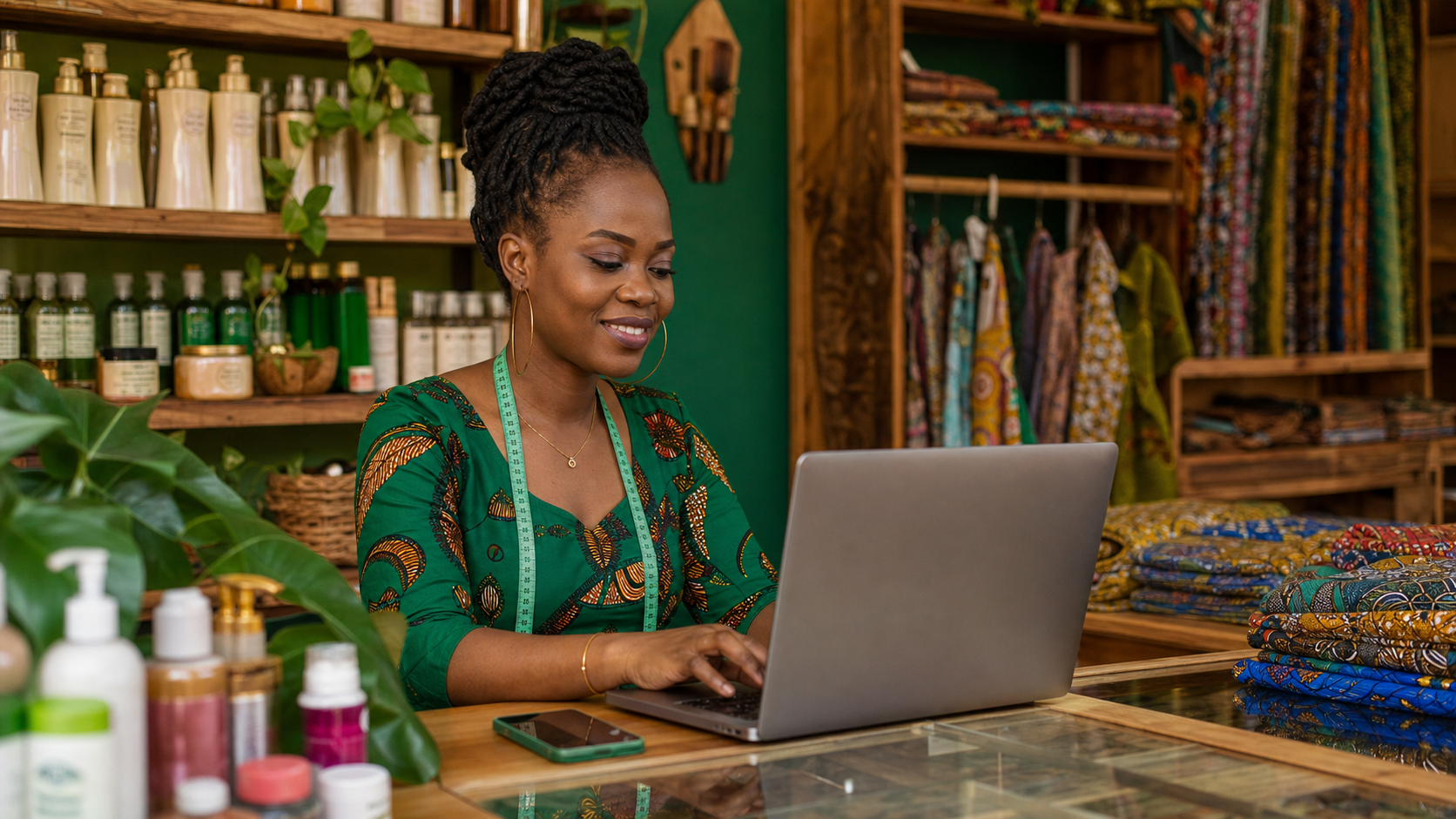 Black Nigerian entrepreneur updating her business directory listing in a boutique